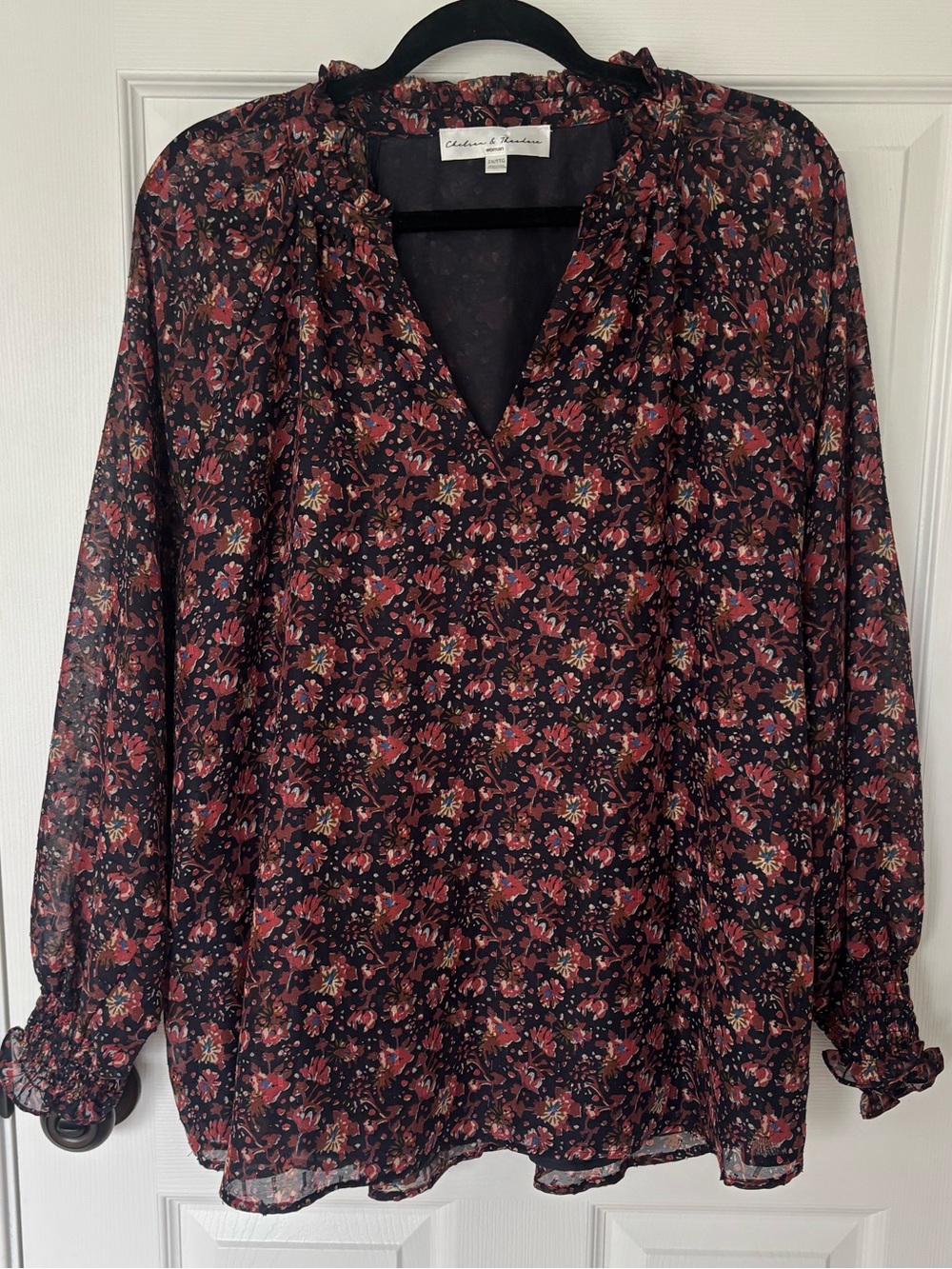 Chelsea & Theodore 2X Floral Chiffon Blouse Ruffle Neck Boho Fall Top